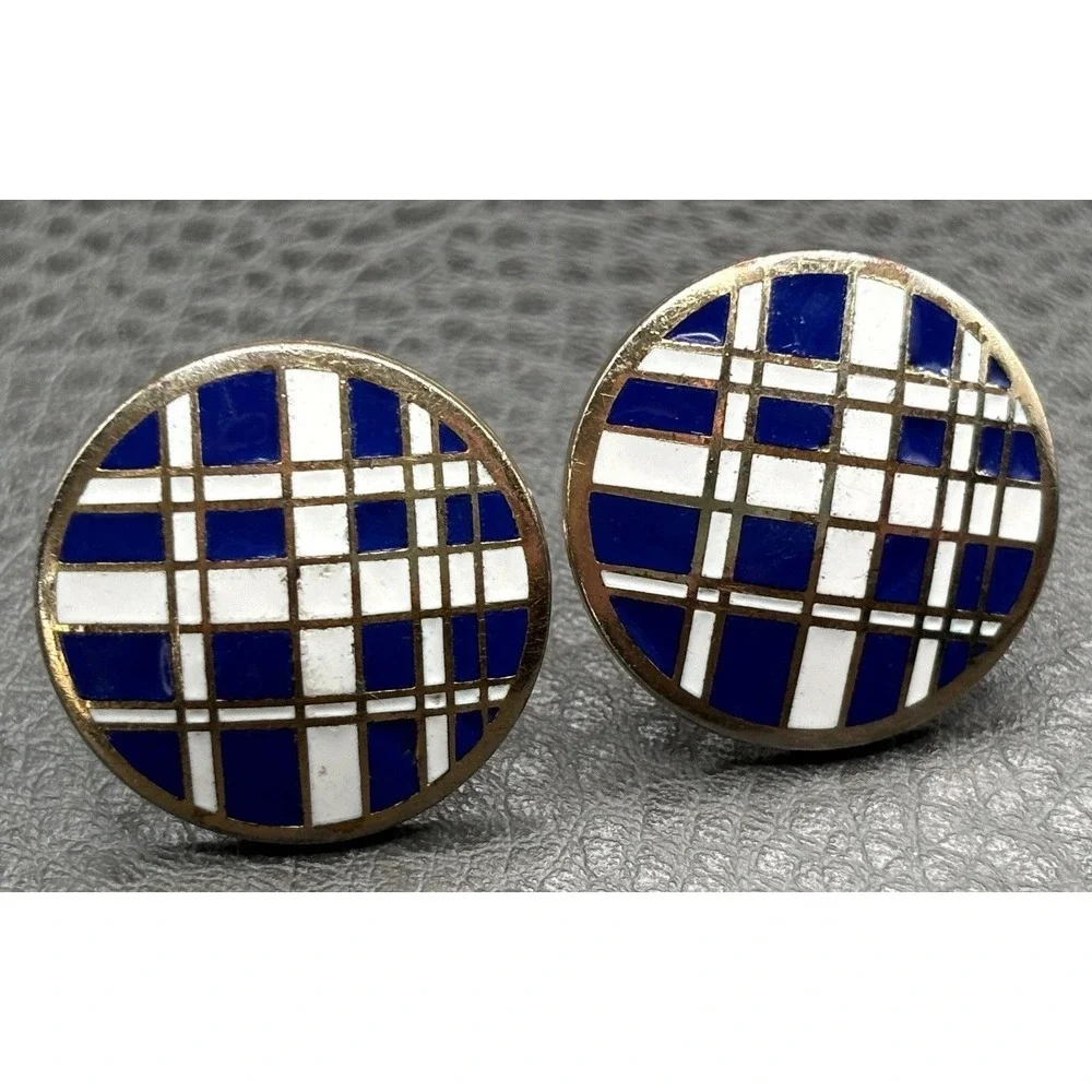 Vintage Gold Tone Blue Enamel Plaid Pattern Modernist MCM Enamel Cufflinks